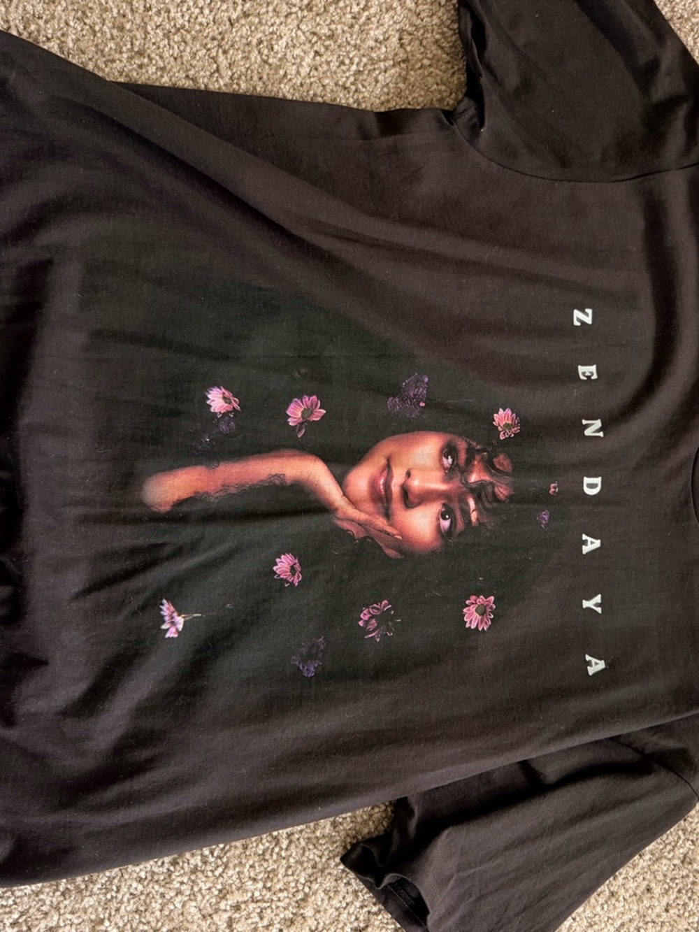 Zendaya Black Graphic Tee with Pink Floral Portrait